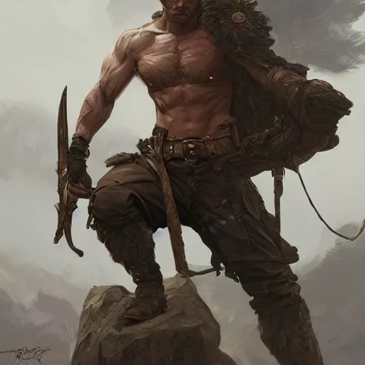 Image similar to Rugged ranger, male, man, D&D, muscular thighs, fantasy, intricate, elegant, highly detailed, digital painting, artstation, concept art, smooth, sharp focus, illustration, art by artgerm and greg rutkowski and alphonse mucha