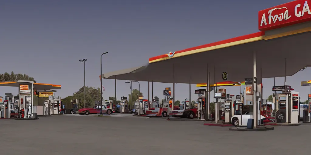 Prompt: a gas station and a parking lot in california, david febland, artstation, matte painting