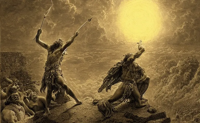 Image similar to highly detailed and cinematic romantic the great greek warrior with a spear piercing the edge of the universe, symmetrical face, magical, greek myth, masterpiece, from the book of the long sun by gene wolfe, highly detailed painting by gustave dore