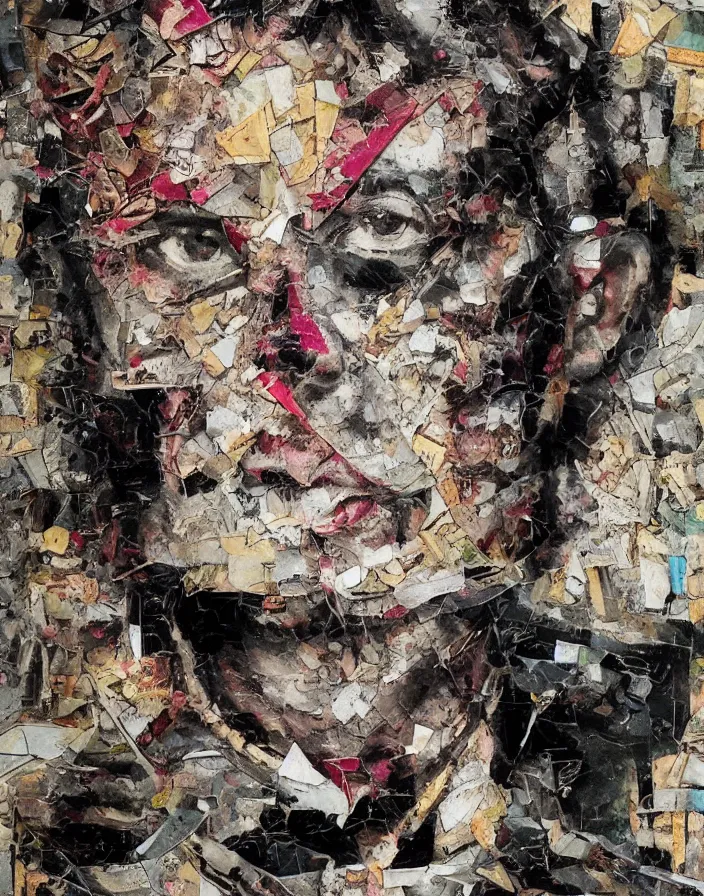 Prompt: male broken face male fight detailed analogue mixed media collage with canvas texture in style of contemporary art, punk art, hyperrealistic beautiful face, photorealistic, expressionism, masterpiece, perfect composition, spectacular quality, intricate oil details, vivid broken glass, torn paper, magazine pages