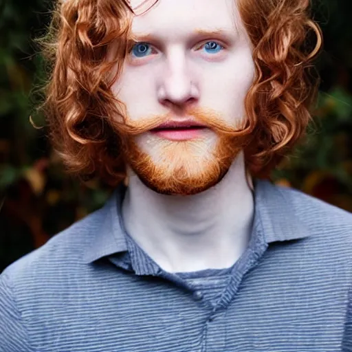 Image similar to handsome, very pale, ginger man with wavy hair, blue eyes, small nose, thin lips, white teeth, small ears, upper body photograph