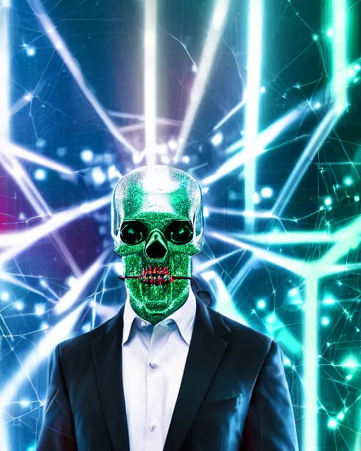 Prompt: dramatic cyberpunk portrait of a metallic skull in a suit, crystalline, red glow, green glow, blue glow, atmospheric haze, intense shading, optic ripple, backlit, bokeh, centered