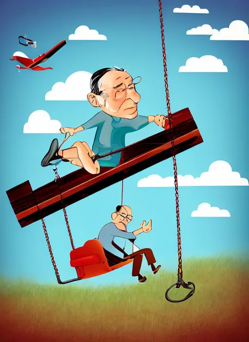 Image similar to an old man on a swing with a plane on top of him, a cartoon by rube goldberg, trending on shutterstock, neoism, poster art, isometric, 2 d