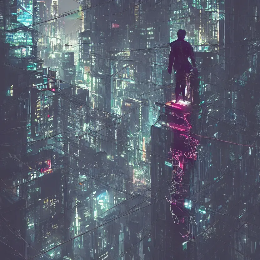 Image similar to a cyber boy ontop of a building, cyberpunk art by elsa bleda, by elsa bleda unsplash contest winner, aestheticism, dystopian art