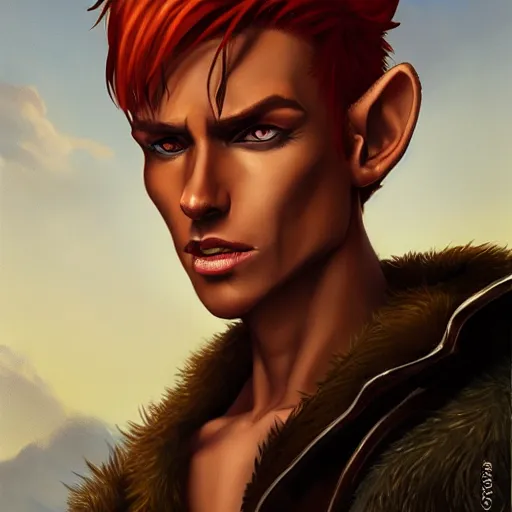 Image similar to dnd character portrait of a tanned half - elf with messy short red hair and golden eyes with slit pupils, beautiful and androgynous with dark skin, feral, glowing, golden hour, wearing a stylish men's suit, by ross tran and gerald brom, trending on artstation