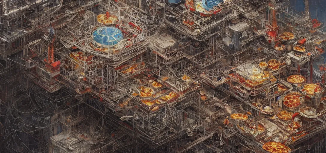 Image similar to an oil rig where the floor is made of pizza, 80s style, intricate, hyper detailed, 8k, james gurney, greg rutkowski, john howe, artstation