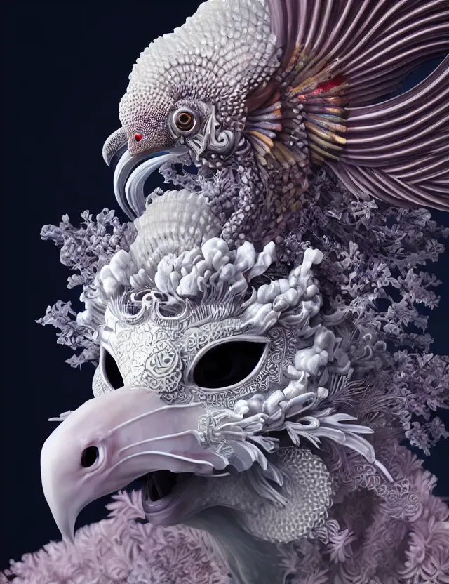 Image similar to 3 d goddess close - up profile portrait ram skull. beautiful intricately detailed japanese crow kitsune mask and clasical japanese kimono. betta fish, jellyfish phoenix, bio luminescent, plasma, ice, water, wind, creature, artwork by tooth wu and wlop and beeple and greg rutkowski