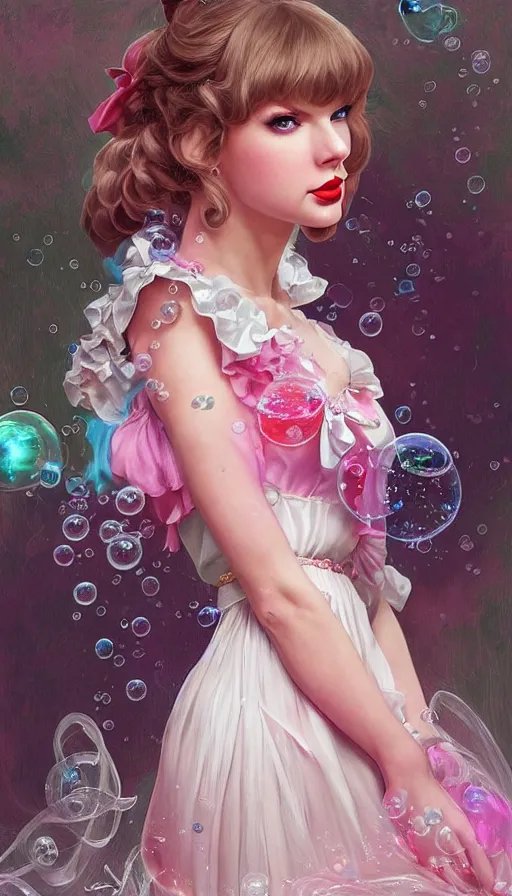 Prompt: portrait of Taylor Swift as a magical lolita girl, dreamy and ethereal, expressive pose, big pink eyes, peaceful expression, ornate frilly dress, fantasy, intricate, elegant, many rainbow bubbles, rose tones, highly detailed, digital painting, artstation, concept art, smooth, sharp focus, illustration, art by artgerm and greg rutkowski and alphonse mucha