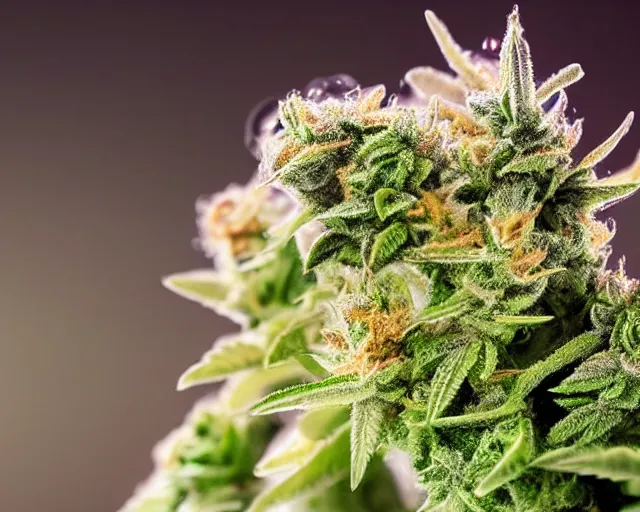 Prompt: beautiful marijuana flower with buds covered in glowing trichomes, extreme close - up highly - detailed macro photography, focus, centered, dslr in the style of high times and erik christiansen, cosmic background, bordered by glowing trichomes
