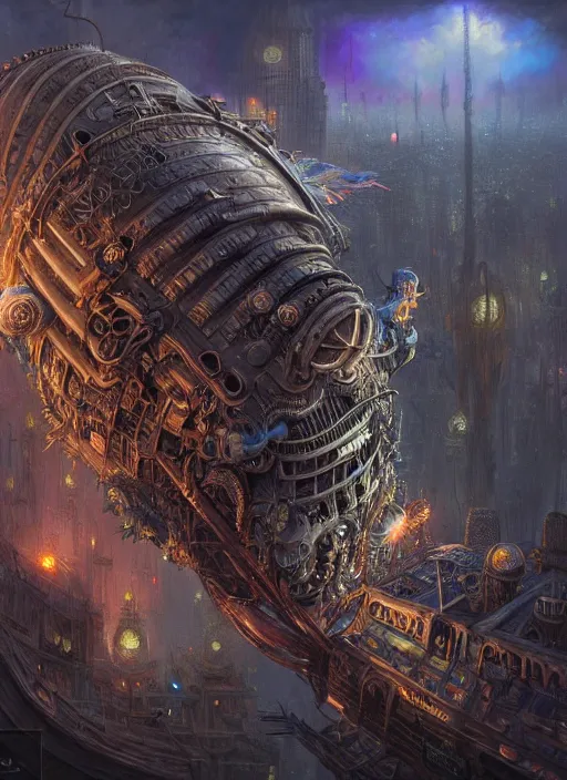 Image similar to hyper detailed ultra sharp of a gothpunk steampunk overcrowded city airship. trending on artstation, warpaint aesthetic, earthwave, colorful, psychedelic, ornate, intricate, digital painting, concept art, smooth, sharp focus, illustration, art by artgerm and greg rutkowski and h. r. giger, 8 k