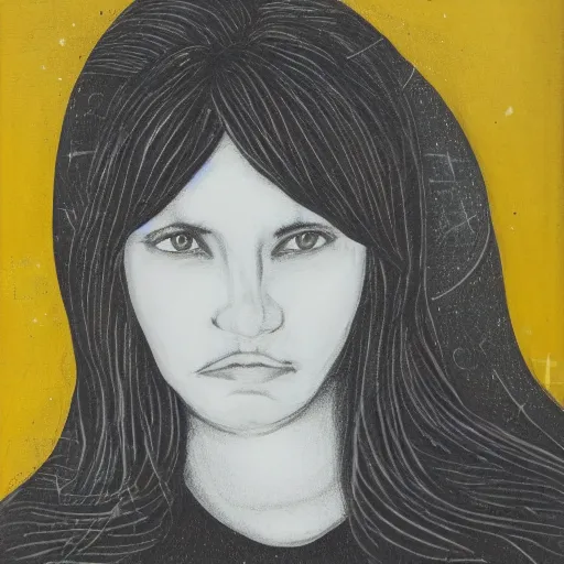 Prompt: monochrome yellow astrological portrait of a melancholic lady 3 6 years old, with name