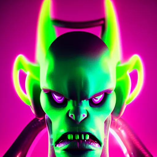 Image similar to synthwave demonic alien face with neon horns, detailed face, sharp focus, synthwave art, aesthetic, octane render, raw, cinematic