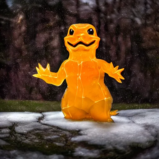 Prompt: clear ice sculpture of charmander, photography