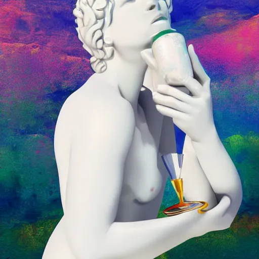 Image similar to a white reneissance statue holding a coctail, medium shot, colorful coctail, digital painting, cgi render