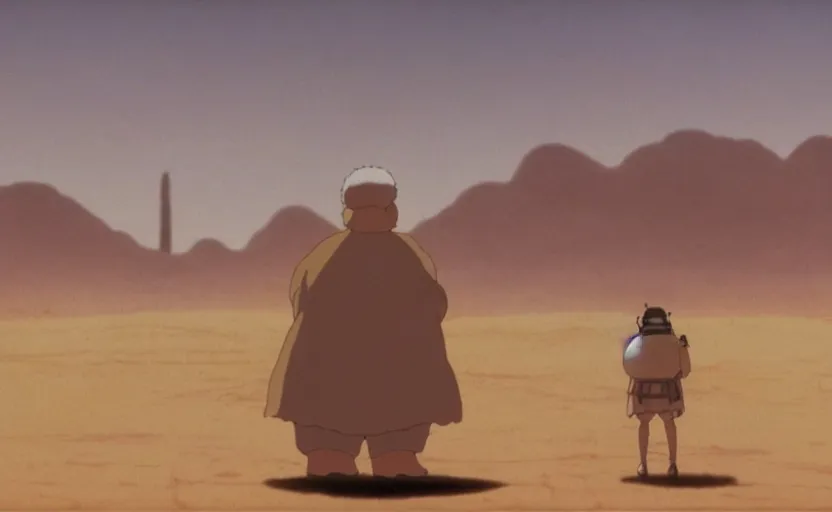 Image similar to a movie still from a studio ghibli movie showing a highly detailed landscape with a giant living buddha walking through the desert. 1 9 8 0's science fiction, 1 9 7 0's science fiction, misty, depth perception, 4 k