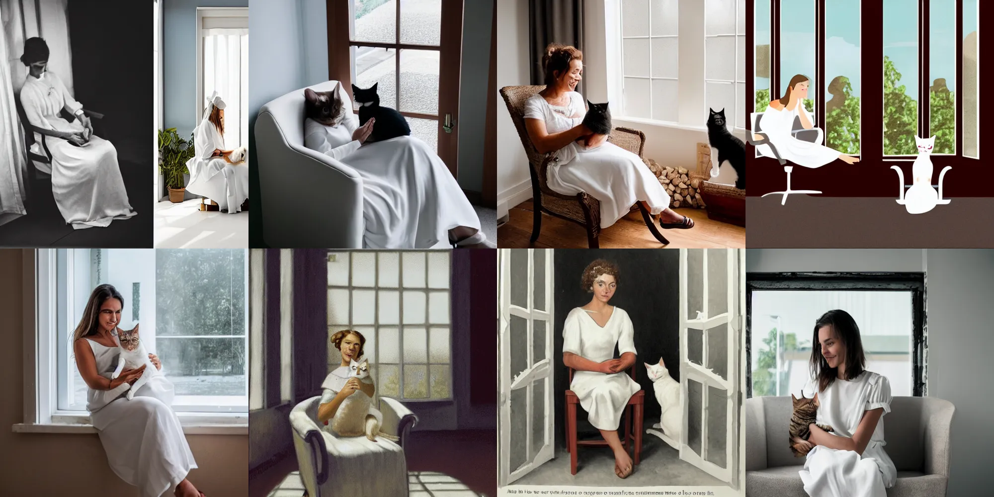 Prompt: a woman in a white dress sitting on chair with a cat on her lap in a white room in vanice, there is a window to burning lava