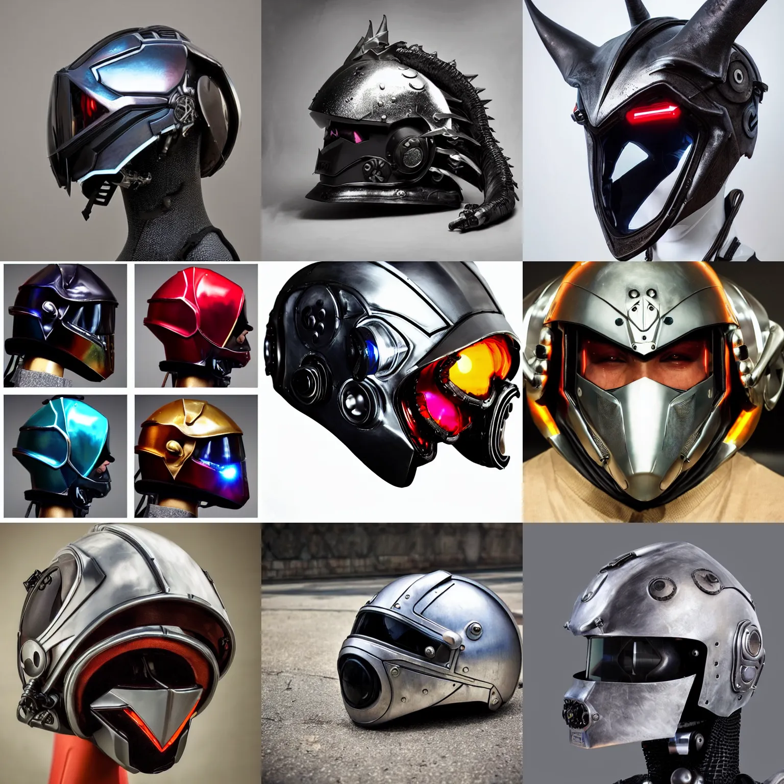 Prompt: award winning cosplay photo of a motorcycle helmet, cyberpunk, robotic futuristic dragon themed helmet, sony produced, techwear, chrome, cyber, very cool, large horns, aesthetic, helmet, dragon, dragon shaped helmet, cybernetic, cyberpunk, fantasy scifi dragon designed by