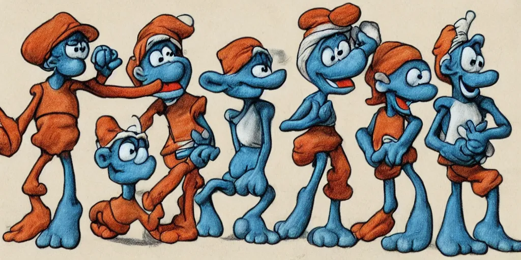 Image similar to in highly detailed color drawing of smurfs and white long bones