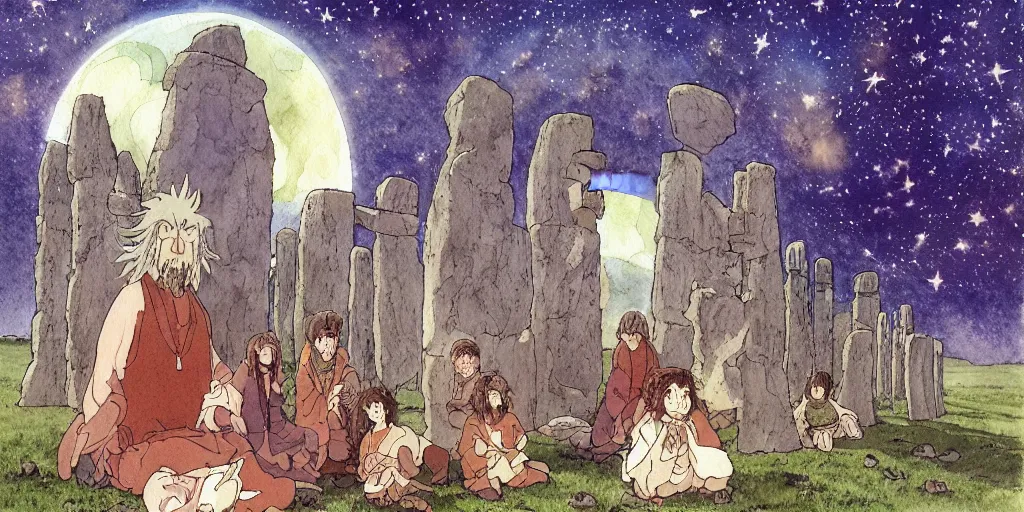 Prompt: a hyperrealist studio ghibli watercolor fantasy concept art of a giant long haired medieval monk with their heads down in lotus position in stonehenge with a starry sky in the background. a giant alien starship from independence day ( 1 9 9 6 ) is floating in the air. by rebecca guay, michael kaluta, charles vess