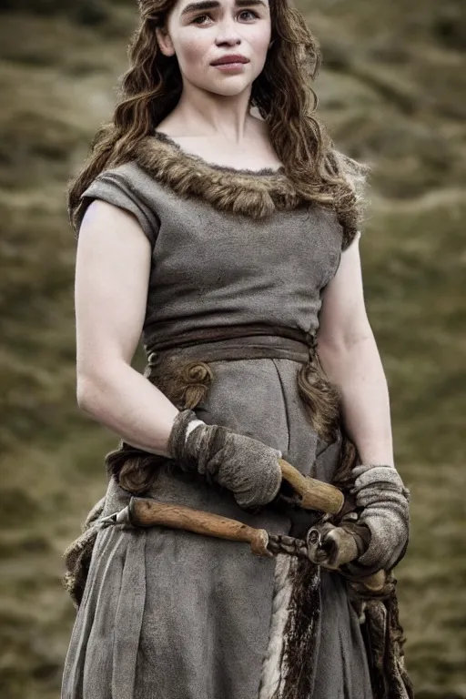 Prompt: Photo of Native Irish woman Emilia Clarke, portrait, skilled shepherdess of sheep, ancient, realistic, detailed, Emilia Clarke