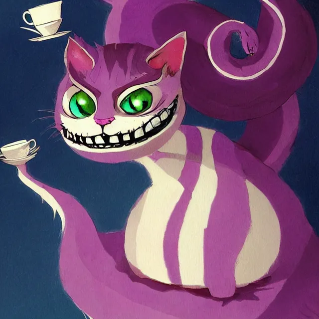 Image similar to cheshire cat drinking tea, by cory loftis, character art, art, very coherent, plain background, lighthearted, soft painting