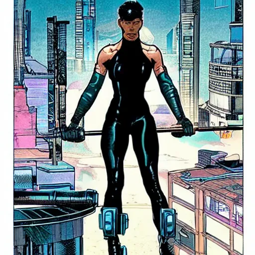 Image similar to Selina Kyle. Apex legends cyberpunk weight lifter. Concept art by James Gurney and Mœbius.