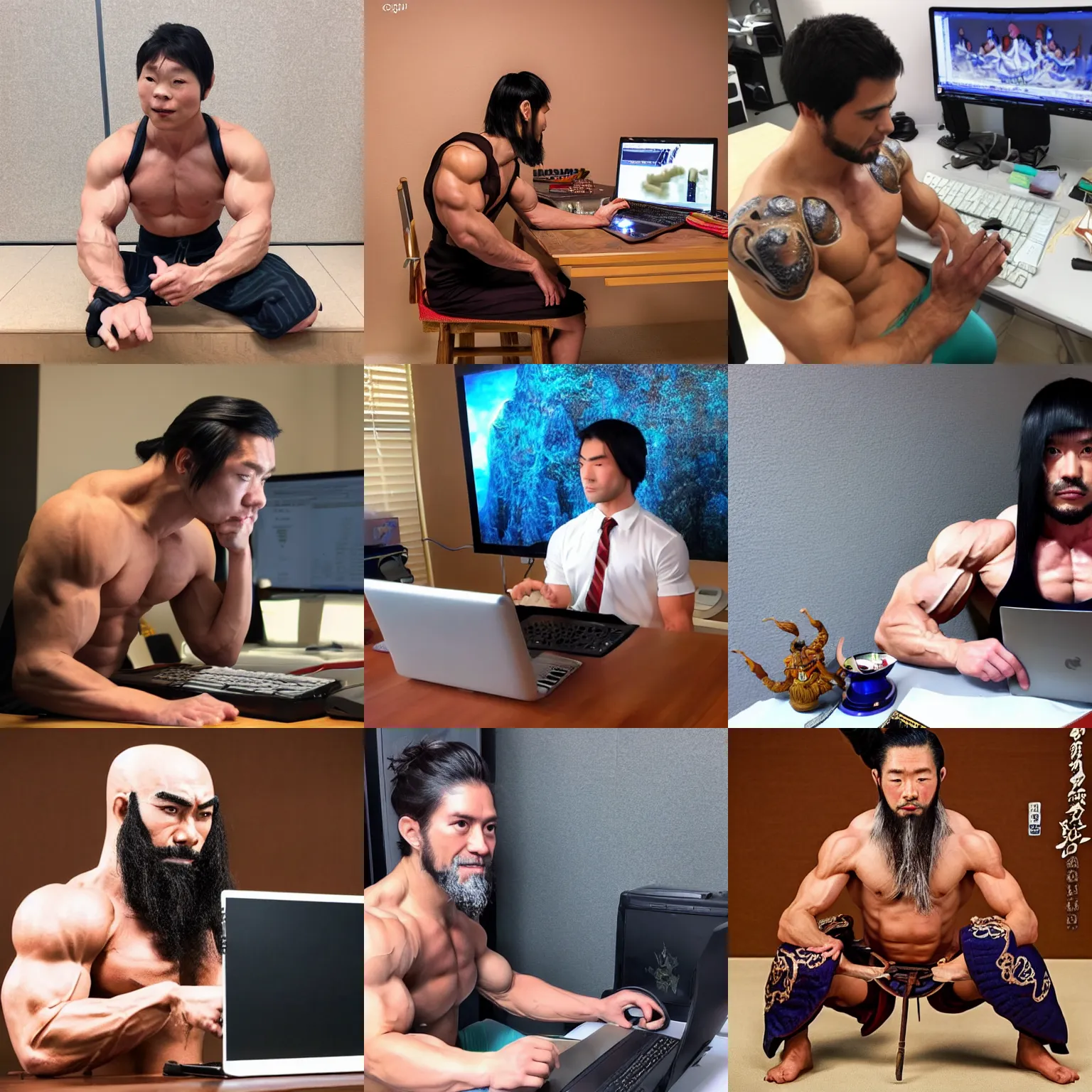 Prompt: a 30 year old muscular man cosplaying as ganyu from genshin, sitting at a computer, hyper realistic photorealistic