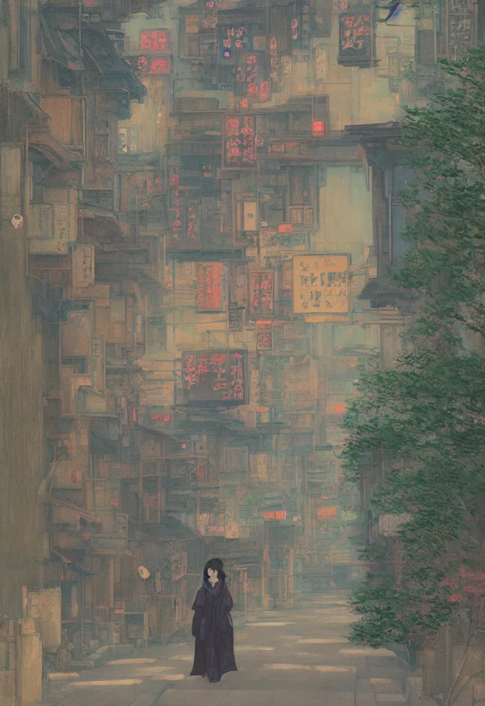 Prompt: a beautiful japanese city in the mountain, amazing ryokans and gorgeous edo era houses, fantastic non human character, epic cyberpunk, lofi vibe, colorful, vivide colors, amazing light, light beams with dust, really mesmerizing nature, by jeremy lipkin, by claude monet, by makoto shinkai, kandinsky touches, inspired by ghibli, masterpiece, beautiful