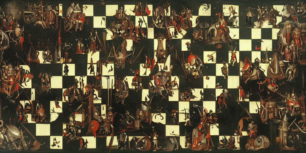 Prompt: chess game, chess, black square, white square, gameplay in style of hieronymus bosch paintings, painting, gameplay, high detailed, dark fantasy, dark tones, armored units, high detailed, contrast, octane render, mill, farm, creative
