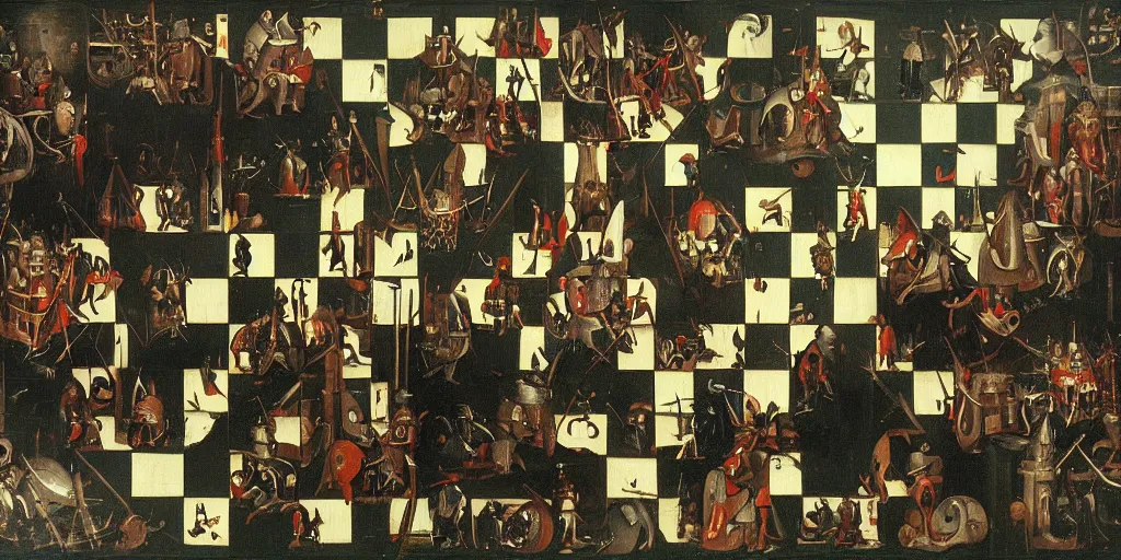 prompthunt: chess game, chess, black square, white square, gameplay in  style of hieronymus bosch paintings, painting, gameplay, high detailed,  dark fantasy, dark tones, armored units, high detailed, contrast, octane  render, mill, farm