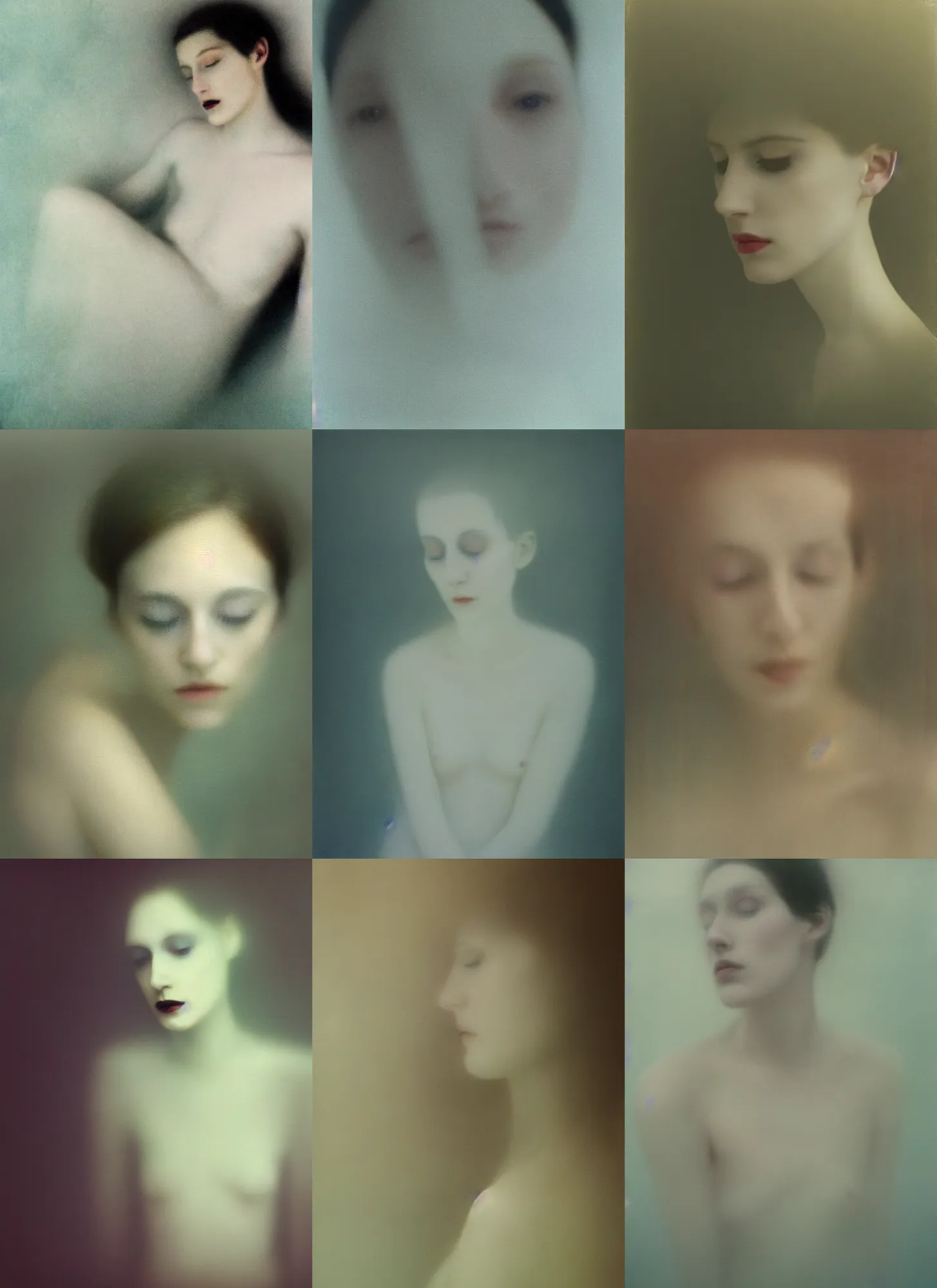 Prompt: underwater out of focus photorealistic portrait of a beautiful aesthetic pale woman by sarah moon, very blurry, translucent white skin, closed eyes, foggy