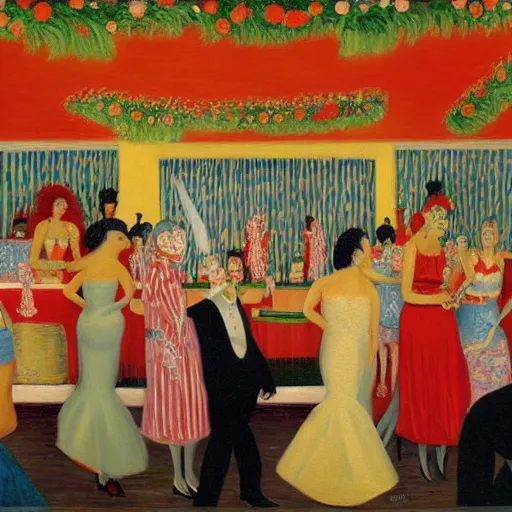 Prompt: oil painting of a satirical speakeasy by florine stettheimer