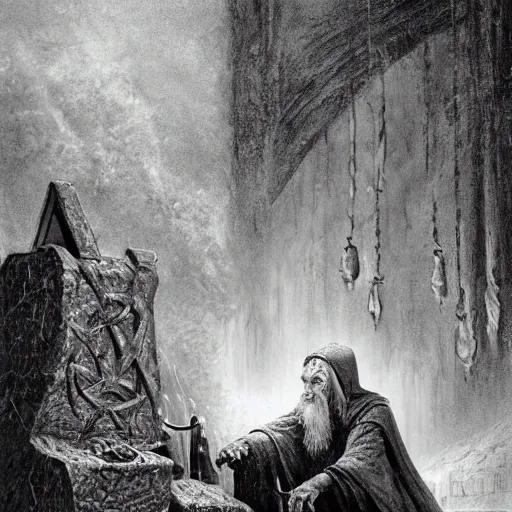 Prompt: the evil ian mckellen smithing on an anvil as gandalf in a dark viking hood playing odin all father crafting a neural network with golden synapses on an anvil with fire, highly detailed, cinematic shot, cinematic lighting, 8 k, exquisit facial detail, colored painting by gustave dore.