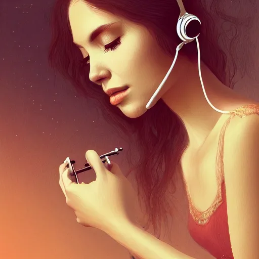 Image similar to an illustration of a beautiful woman listening to music by Anna Nikonova, highly detailed, digital art, trending on artstation