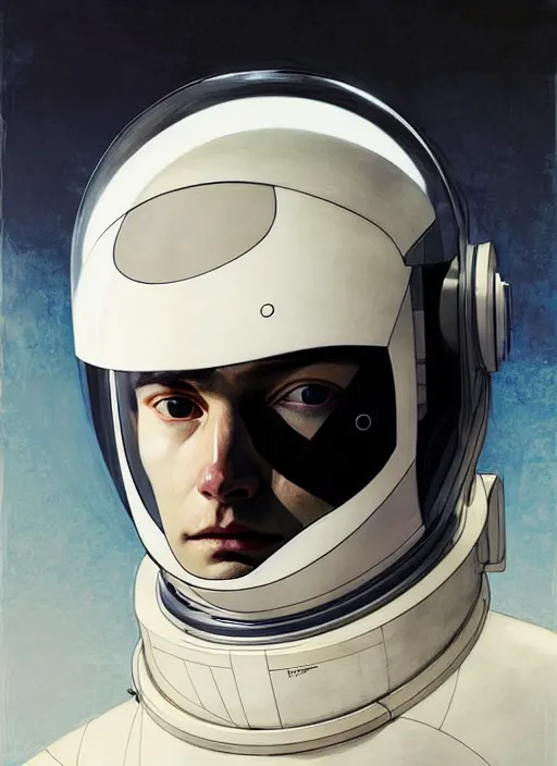 Image similar to artwork by james jean and Phil noto; a close up on the face of a beautiful man in a future space suit; wearing futuristic astronaut helmet; highly detailed; pretty eyes; circular black pupils; artwork by james jean and Phil noto