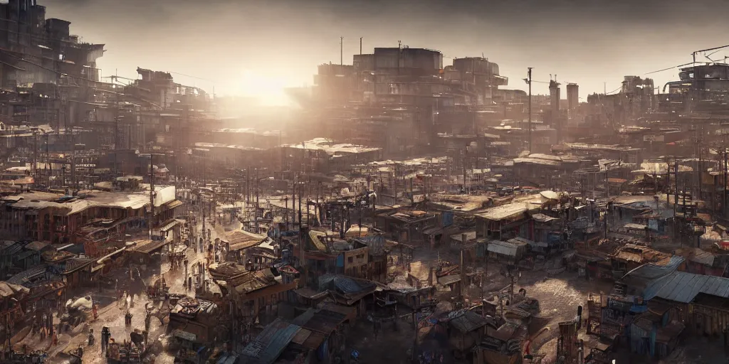 Image similar to An industrial-looking marketplace in the slums, people trading, dry weather, white sun shining brightly in the sky, realistic 4k octane beautifully detailed render, 4k post-processing, highly detailed, intricate complexity, epic composition, magical atmosphere, cinematic lighting, masterpiece, ultra hd