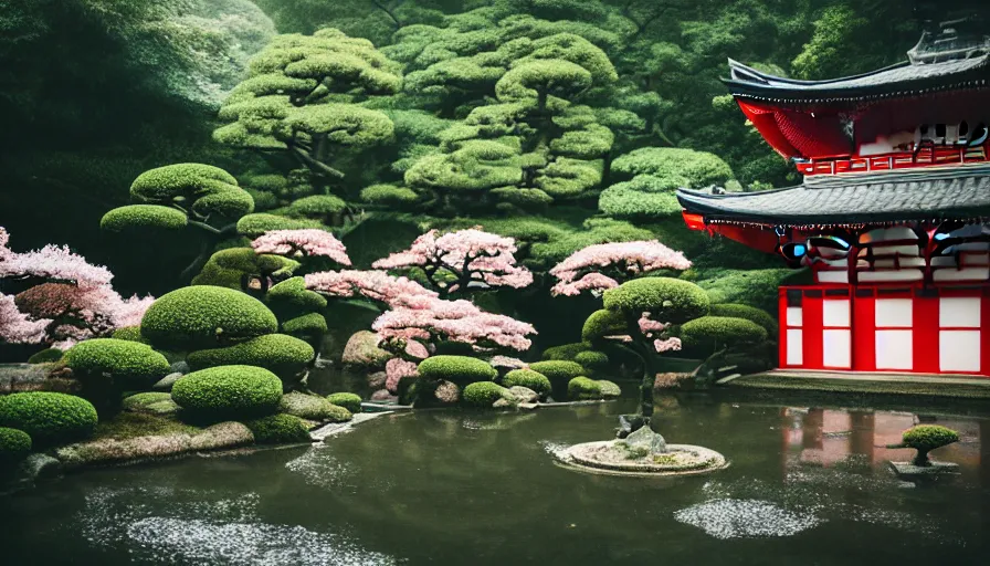 Prompt: 35mm film still of a very cozy and surreal magical Japanese temple mixed with a European castle in a lush waterfall garden, falling cherry blossoms pedals, epic large temple in the style of Gucci and Wes Anderson, photographed by Petra Collins, glowing lights and floating lanterns, foggy atmosphere, rainy, moody, muted colors, magic details, very detailed, 8k, cinematic look