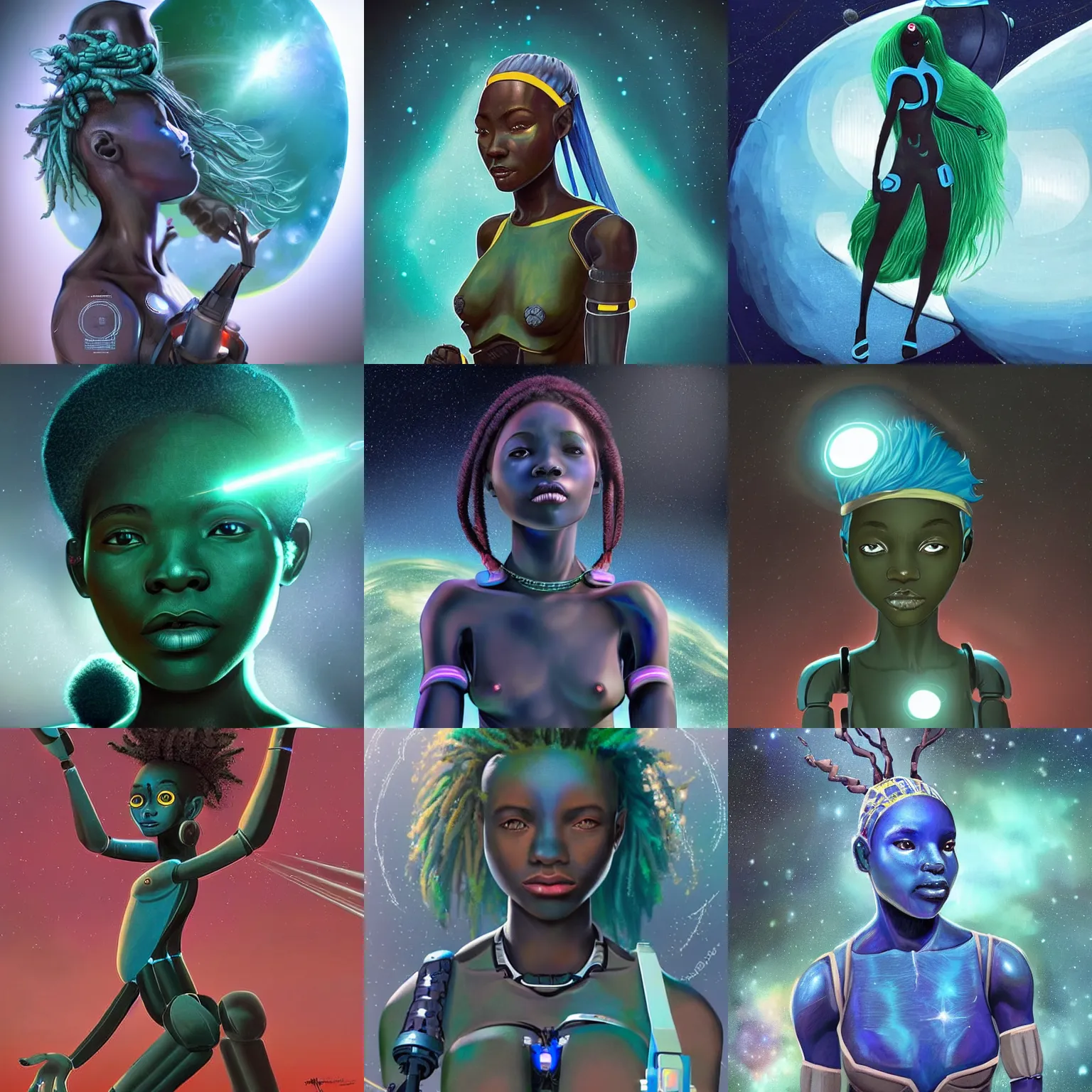 Prompt: hyperrealistic scifi concept art of beautiful futuristic himba girl with robotic arms and blue hair weightless in a dark green space station