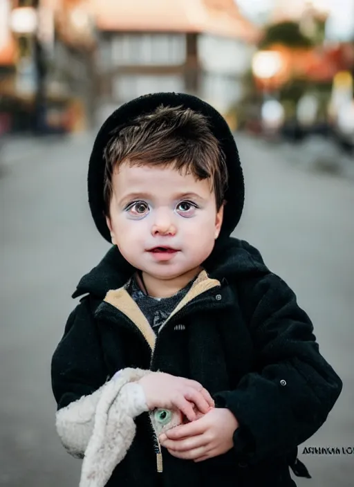 Prompt: a personal close up portrait of a newborn baby from switzerland, his hair is brown and short, his eyes are green, his face is symmetric and friendly, he's proud to be where he is in life, black jacket, ambient light, beautiful composition, magazine photography, full frame, 5 0 mm, f 1. 8