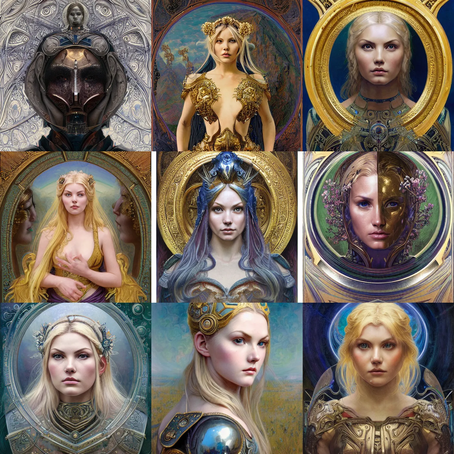 Prompt: masterpiece head-on symmetrical centered portrait, Elisha Cuthbert as a paladin, blonde hair, prismatic golden halo, ornate iron armour, elegant, distant, in the style of Edgar Maxence and Ross Tran and Zdzisław Beksiński and Michael Whelan and Mucha and gustav dore and H.R. Giger, specular highlights, 8k, octane render