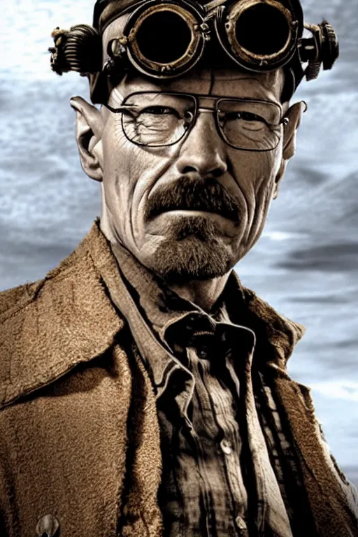 Image similar to steampunk walter white in mad max fury road