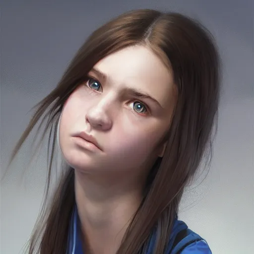 Image similar to portrait of a brunette thin teenager girl with blue eyes wearing school uniform aims a gun, light stubble, digital art,photorealistoc,art by greg rutkowski,hyperdetailed,western comic style,comic,comic style,sharp lineart,professional lighting,deviantart,artstation,trevor henderson,rossdtaws,cinematic,dramatic