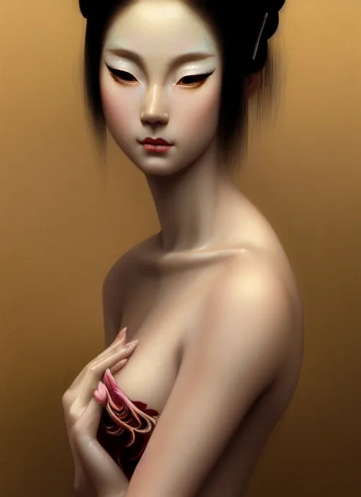 Prompt: organic seductive Geisha, pearlescent skin, diffuse lighting, fantasy, intricate, elegant pose, highly detailed, lifelike, photorealistic, digital painting, artstation, illustration, concept art, different point of view, smooth, sharp focus, art by John Collier and Albert Aublet and Leonardo da vinci and Moebius and Krenz Cushart and Artem Demura and Alphonse Mucha