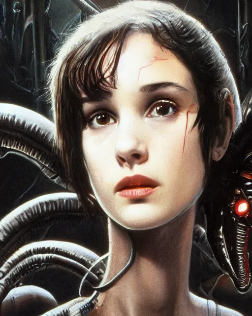 Image similar to beautiful young winona ryder from alien with xenomorph by h. r. giger, detailed proportional trending on art station, 4 k, 9 0's movie poster