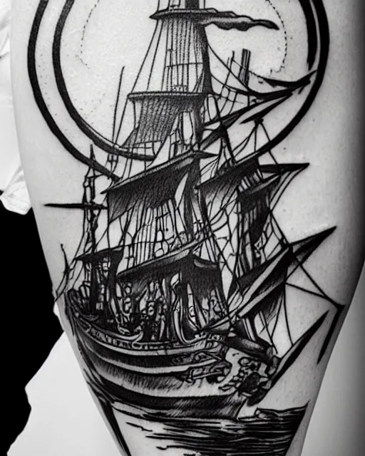 Image similar to A tattoo design on paper of a pirate ship, on paper, black and white, highly detailed tattoo, realistic tattoo, realism tattoo, beautiful shades