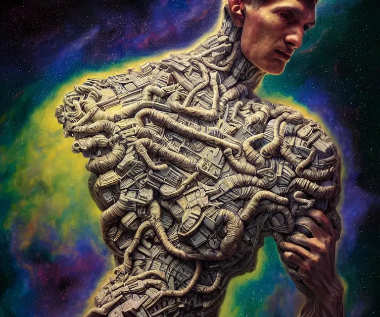 Image similar to hyper detailed 3d render like a Oil painting - atlas dramatically supporting the galaxy on his shoulders, by Jacek Yerka, Mariusz Lewandowski, Houdini algorithmic generative render, Abstract brush strokes, Masterpiece, Edward Hopper and James Gilleard, Zdzislaw Beksinski, Mark Ryden, Wolfgang Lettl, hints of Yayoi Kasuma, octane render, 8k