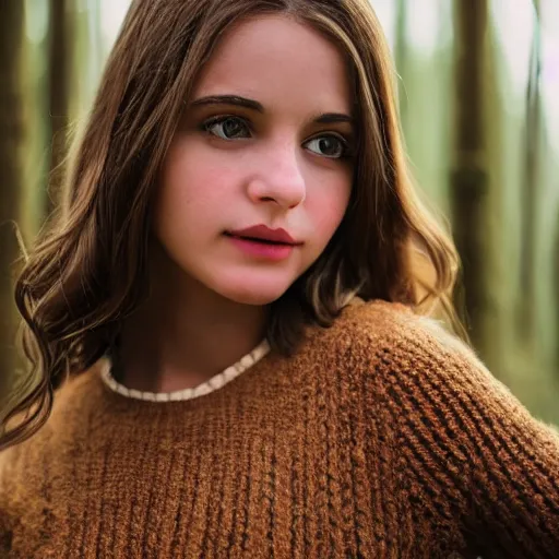 Image similar to real life photo of a beautiful girl, full body photoshoot, long brown hair, brown eyes, full round face, short smile, belly free, brown sweater, forest setting, cinematic lightning, medium shot, mid - shot, highly detailed, trending on artstation, unreal engine 4 k, 8 0 mm, 8 5 mm, cinematic wallpaper