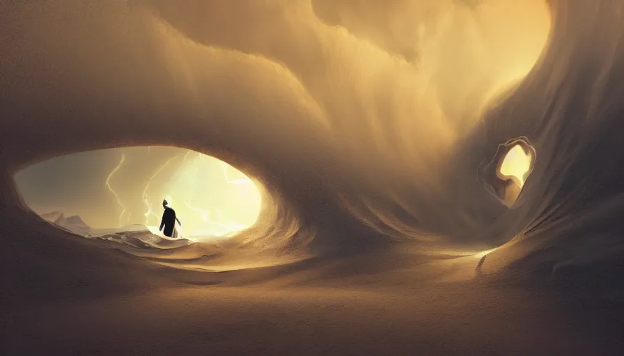 Image similar to a glowing magical portal inside a big wave made of sand fantasy desert, portal, a man watching over, lightning, arabia, by caspar david friedrich by james gilleard and justin gerard, artstation, smooth, sharp focus, by jean baptiste, octane render