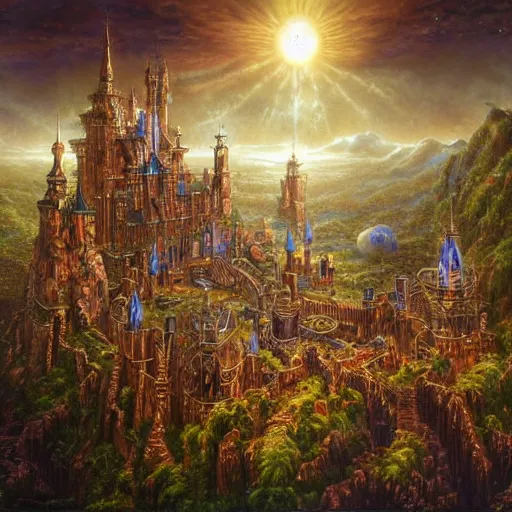 Image similar to A digital intricate masterpiece illustration concept art of a mighty steampunk disney castle with its top in the heaven, taiga landscape + inspired art by Bruce Pennington, Ted Naismith, Daniel Merriam + symmetry + intricate complexity, epic composition, magical atmosphere, highly detailed, cinematic lighting + wide long shot, wide angle + trending on artstation + 8k