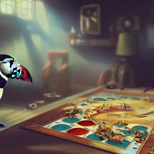 Prompt: puffin playing board game, cinematic, cinematic lighting, trending on Artstation, Cgsociety, detailed, 4k, very realistic